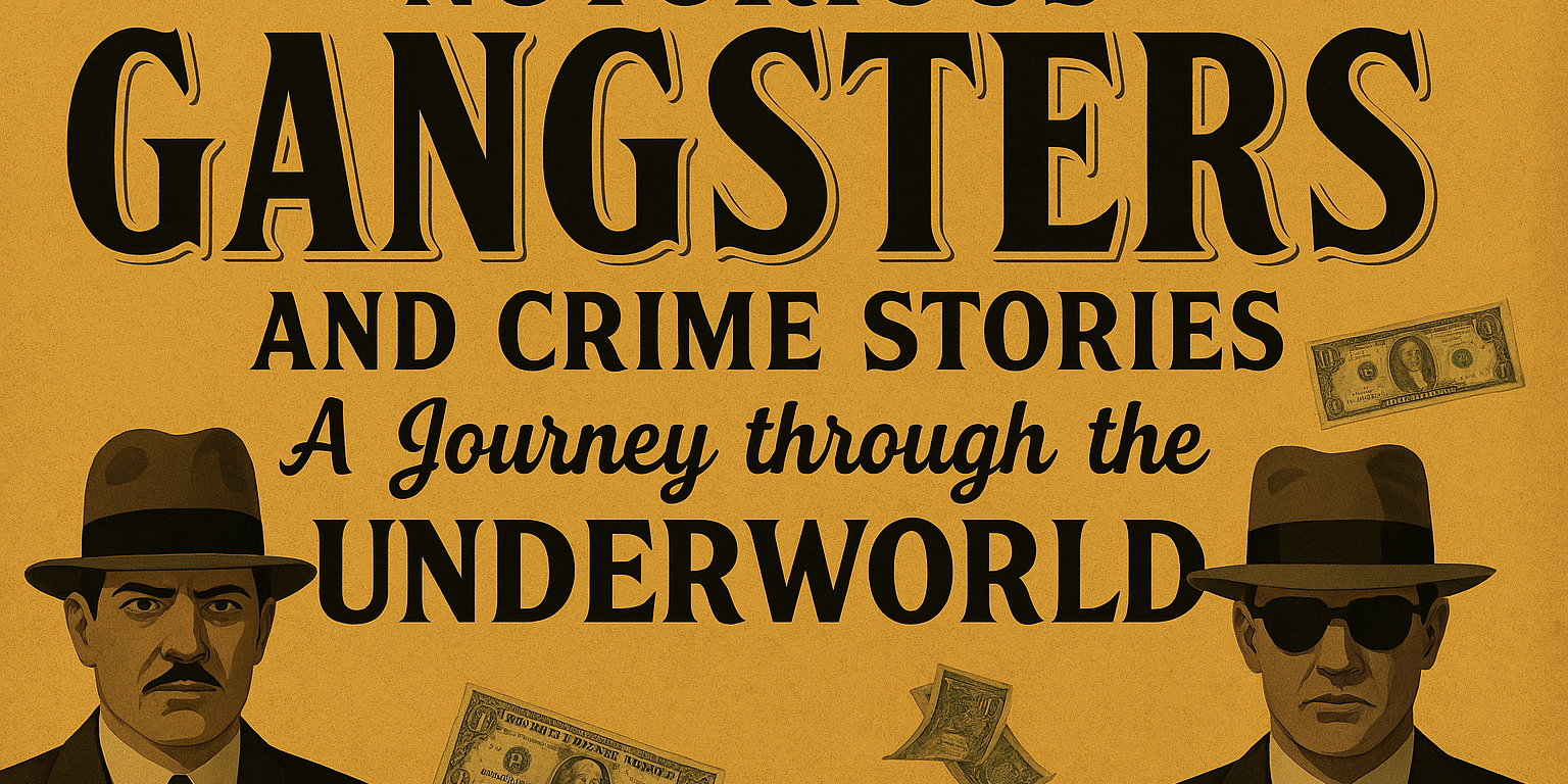 Vintage-style landscape poster for ‘Notorious Gangsters and Crime Stories: A Journey Through the Underworld’ featuring 1930s gangsters in fedoras, floating cash, and bold noir typography.