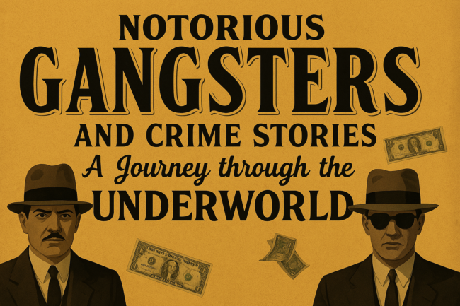 Vintage-style landscape poster for ‘Notorious Gangsters and Crime Stories: A Journey Through the Underworld’ featuring 1930s gangsters in fedoras, floating cash, and bold noir typography.