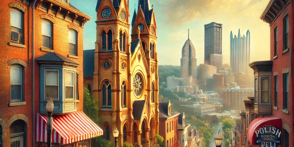 polish-hill an image representing Polish Hill, capturing its historic charm with the Immaculate Heart of Mary Church, steep streets, and a blend of old and modern Pittsburgh.