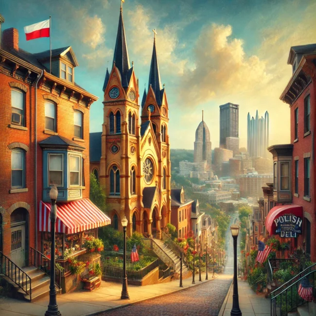 an image representing Polish Hill, capturing its historic charm with the Immaculate Heart of Mary Church, steep streets, and a blend of old and modern Pittsburgh.