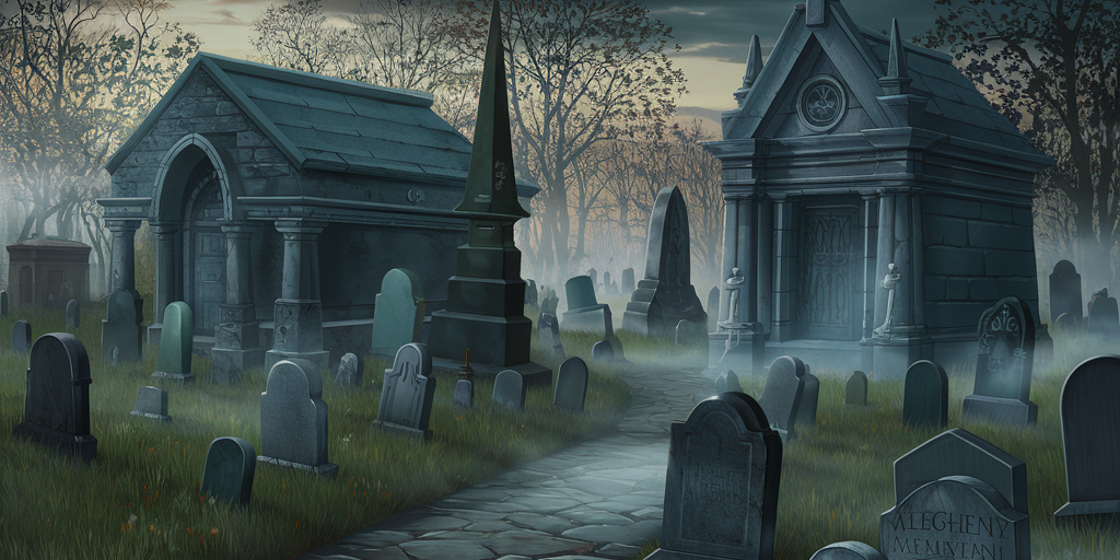 Allegheny Cemetary A detailed, atmospheric illustration of Allegheny Cemetery at dusk. Include the Arsenal memorial, Gothic mausoleums, misty pathways, and faint ghostly figures among the tombstones. Dark, moody tones with soft glowing light.
