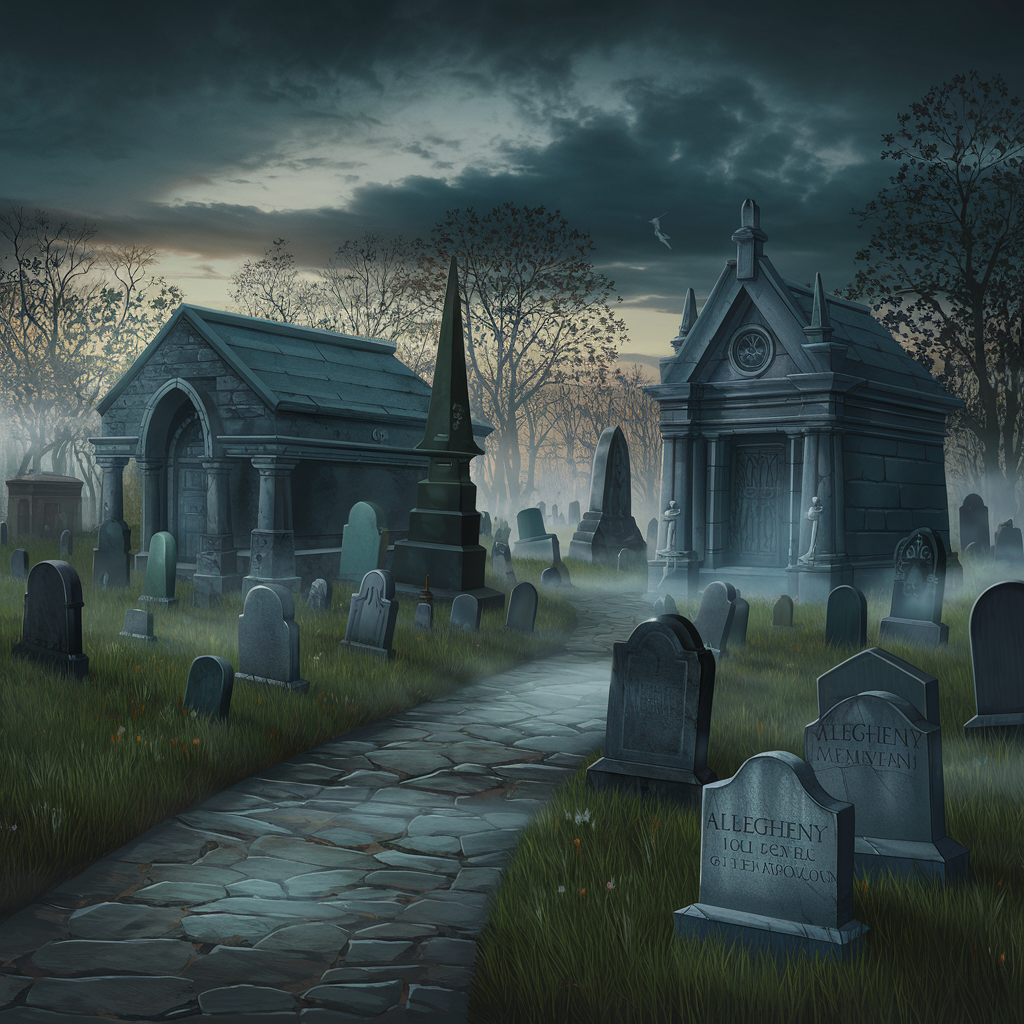 A detailed, atmospheric illustration of Allegheny Cemetery at dusk. Include the Arsenal memorial, Gothic mausoleums, misty pathways, and faint ghostly figures among the tombstones. Dark, moody tones with soft glowing light.