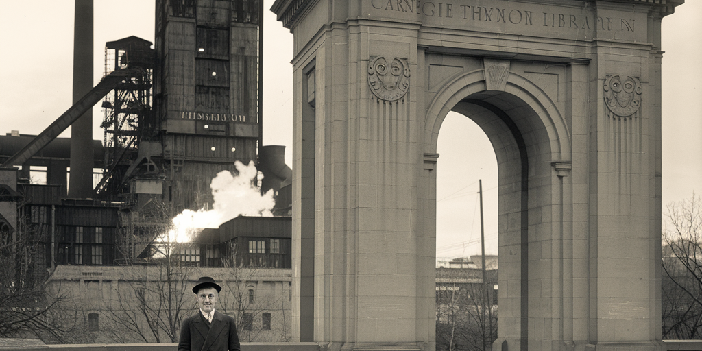 A historical illustration of Andrew Carnegie standing before the towering Carnegie Library in Oakland, Pittsburgh, while the Edgar Thomson Steel Works burns bright in the background — capturing his dual legacy of industry and philanthropy.