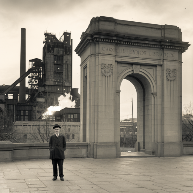 A historical illustration of Andrew Carnegie standing before the towering Carnegie Library in Oakland, Pittsburgh, while the Edgar Thomson Steel Works burns bright in the background — capturing his dual legacy of industry and philanthropy.