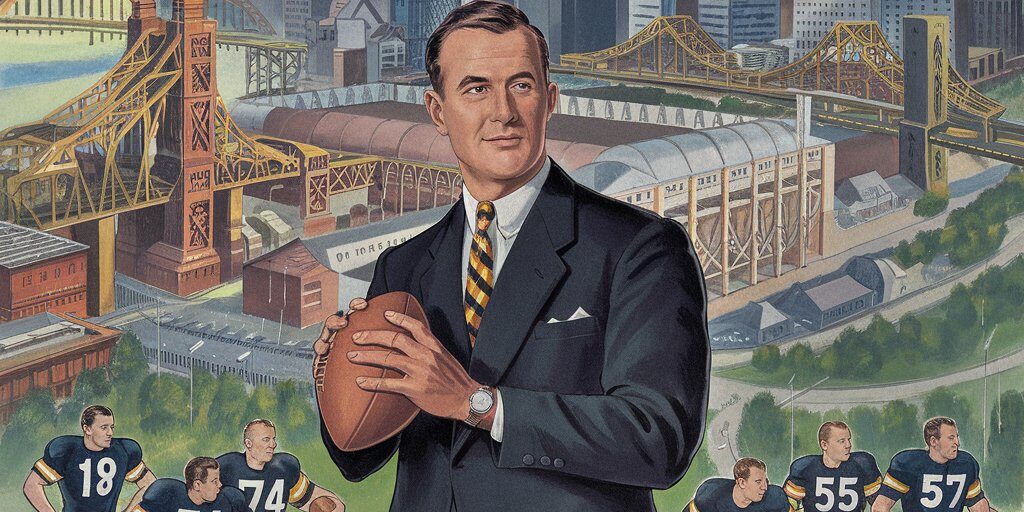Art Rooney Sr. A vintage illustration of Art Rooney Sr. standing outside Forbes Field in the 1930s, holding a football, with the Pittsburgh skyline and steel mills in the background. Include early Steelers players and the city’s bridges to emphasize the connection to Pittsburgh.