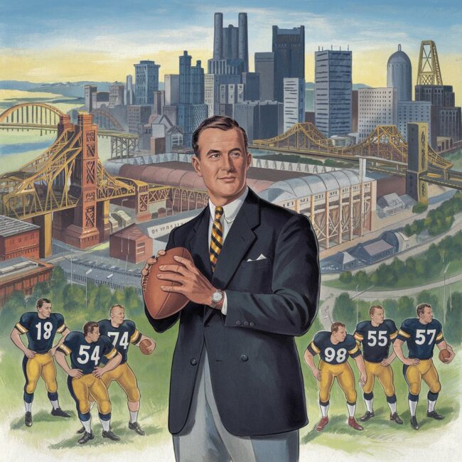 A vintage illustration of Art Rooney Sr. standing outside Forbes Field in the 1930s, holding a football, with the Pittsburgh skyline and steel mills in the background. Include early Steelers players and the city’s bridges to emphasize the connection to Pittsburgh.