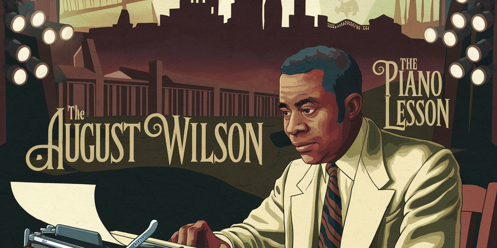 A rich, artistic illustration of August Wilson sitting at a typewriter, the Hill District skyline behind him, stage lights illuminating scenes from "Fences" and "The Piano Lesson" in the background.