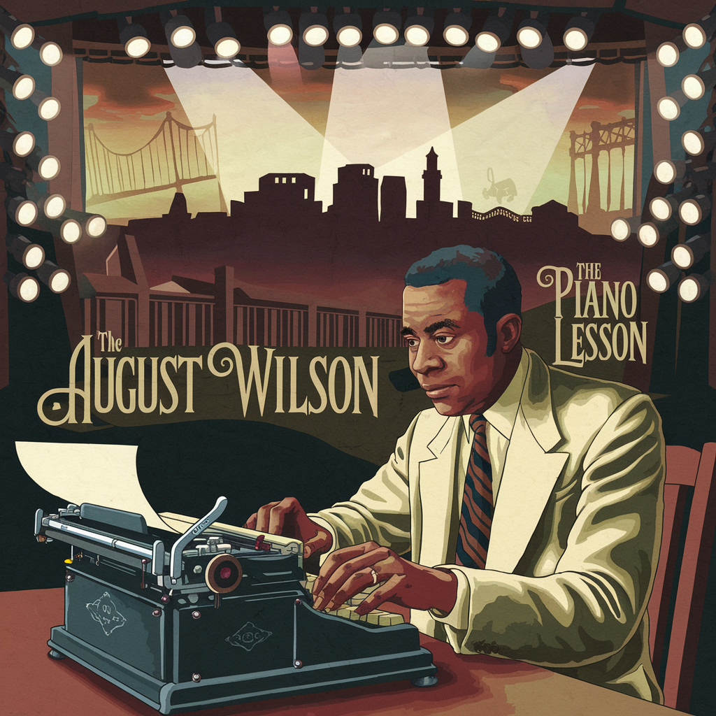 A rich, artistic illustration of August Wilson sitting at a typewriter, the Hill District skyline behind him, stage lights illuminating scenes from 