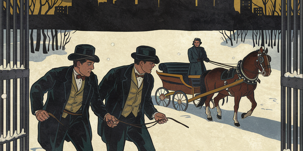A dramatic vintage illustration of Ed and Jack Biddle breaking out of Allegheny County Jail, Katherine Soffel waiting with a horse-drawn sleigh in the snow, Pittsburgh’s skyline looming dark in the distance.