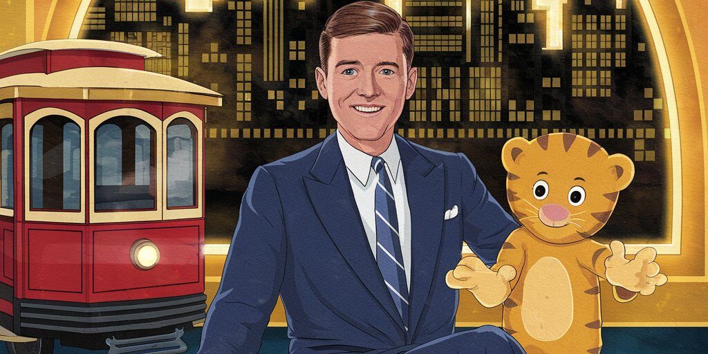 A rich, nostalgic illustration of Fred Rogers sitting on his set, red trolley by his side, Daniel Tiger puppet in hand, with the Pittsburgh skyline glowing in the window behind him. Warm golden tones evoke kindness, familiarity, and timeless wisdom.