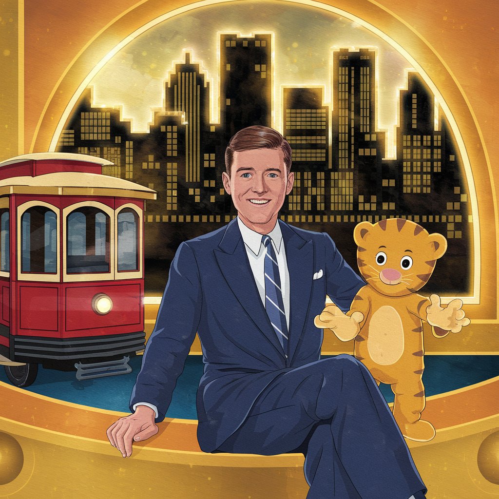 A rich, nostalgic illustration of Fred Rogers sitting on his set, red trolley by his side, Daniel Tiger puppet in hand, with the Pittsburgh skyline glowing in the window behind him. Warm golden tones evoke kindness, familiarity, and timeless wisdom.