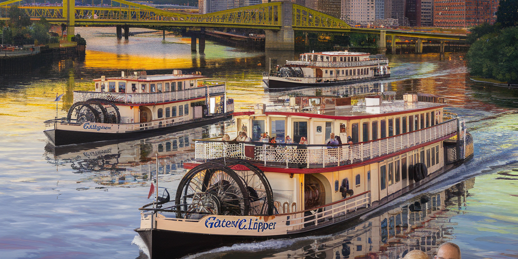 A colorful and detailed painting of the Gateway Clipper Fleet cruising Pittsburgh’s three rivers. Include paddlewheel riverboats, the city skyline, iconic bridges, and a golden sunset. Reflections shimmer on the water, with passengers enjoying the view. Classic Americana style, warm nostalgic tones.