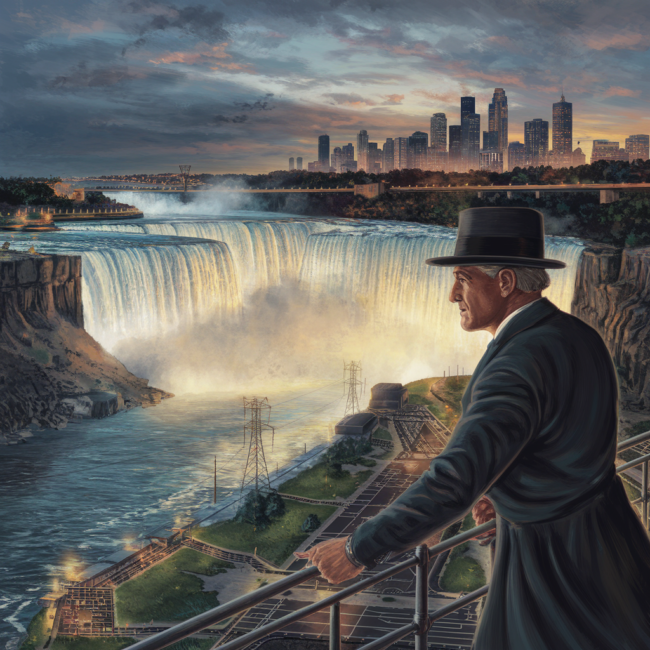 A detailed, dramatic illustration of George Westinghouse overseeing the Niagara Falls Power Project, with the falls roaring behind him and glowing electric lights illuminating a city skyline in the distance.