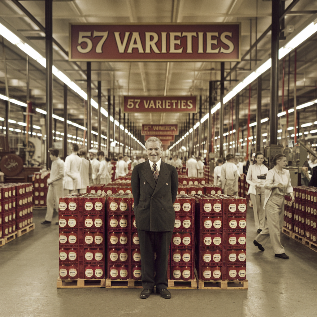 A richly detailed illustration of Henry Heinz standing in front of the original Pittsburgh factory, with crates of Heinz Ketchup bottles ready for shipment, 