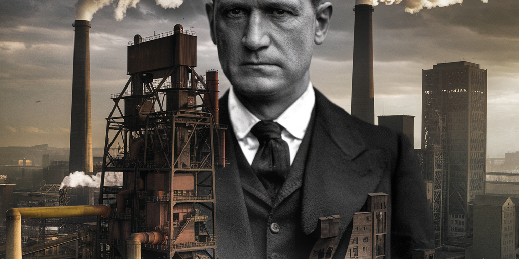 A powerful, moody illustration of Henry Clay Frick standing atop Pittsburgh’s steel mills, smoke billowing behind him. His face half-lit, half-shadowed, symbolizing both his towering achievements and the dark legacy of labor strife.