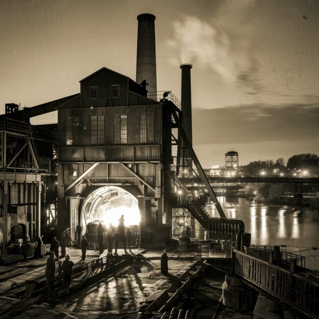 A gritty, sepia-toned illustration of a 19th-century Pittsburgh iron furnace roaring to life at night, workers silhouetted against the molten glow, with the Monongahela River in the background.