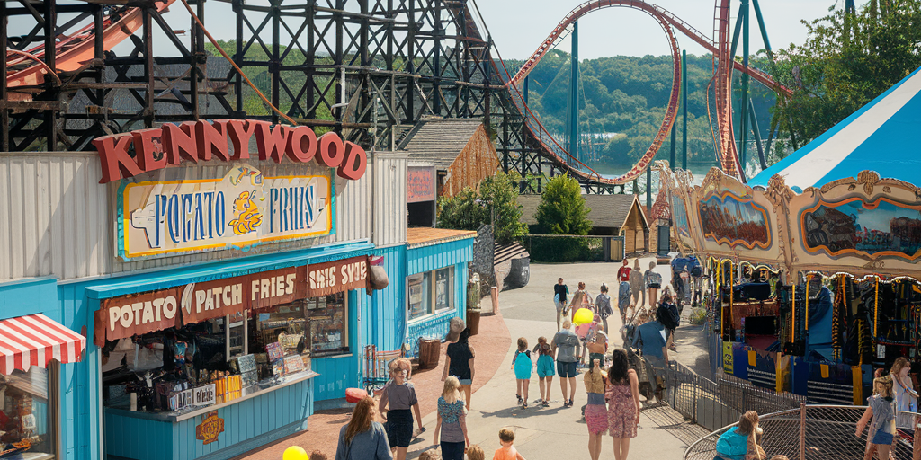 A vibrant, nostalgic scene of Kennywood Park in Pittsburgh, Pennsylvania. The image features classic wooden roller coasters like the Jack Rabbit and Thunderbolt, colorful vintage carnival rides, and the famous Potato Patch fries stand. Families walk through the park on a sunny summer day, with kids holding balloons and riding the merry-go-round. The background shows the iconic Monongahela River view, and the atmosphere is cheerful, warm, and timeless, capturing over 125 years of amusement park history.