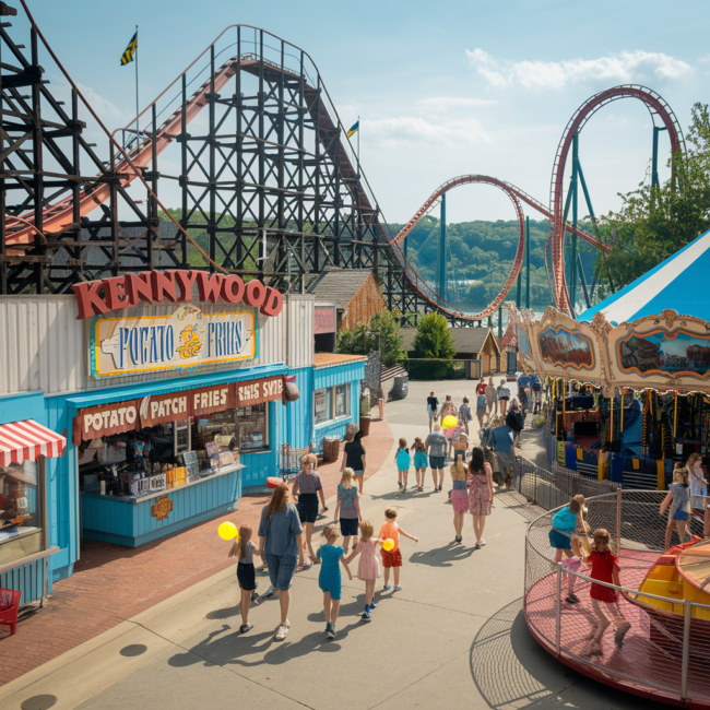 A vibrant, nostalgic scene of Kennywood Park in Pittsburgh, Pennsylvania. The image features classic wooden roller coasters like the Jack Rabbit and Thunderbolt, colorful vintage carnival rides, and the famous Potato Patch fries stand. Families walk through the park on a sunny summer day, with kids holding balloons and riding the merry-go-round. The background shows the iconic Monongahela River view, and the atmosphere is cheerful, warm, and timeless, capturing over 125 years of amusement park history.