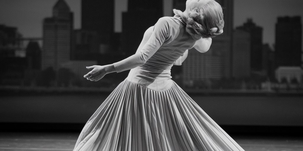 A dramatic, vintage illustration of Martha Graham performing “Lamentation” in her iconic stretch fabric costume, with Pittsburgh’s skyline subtly reflected in the background — capturing both movement and emotional intensity.