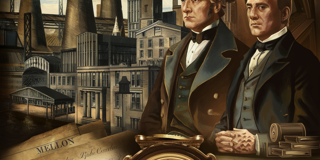 An elegant historical illustration of the Mellon family legacy. A blend of 19th-century Pittsburgh steel mills and banking halls, with figures of Thomas Mellon and Andrew Mellon in formal attire overlooking a skyline of steel stacks and early Wall Street architecture. Add classic banking imagery like ledgers and ornate vaults. Moody lighting, golden tones, and a refined, vintage style.