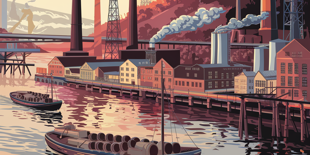 Pittsburgh Oil Refineries A richly detailed historical illustration of Pittsburgh’s 19th-century riverside with oil refineries, riverboats carrying barrels, and industrial smokestacks. Include oil derricks in the background hills and workers rolling barrels. Warm sunset tones with steam, smoke, and reflections on the river.