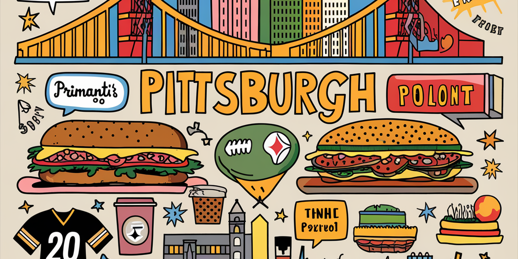 A colorful illustration of classic Pittsburgh scenes and landmarks labeled with Pittsburghese terms. Include bridges, the skyline, a Primanti’s sandwich, a pierogi, a Steelers jersey, the Point fountain, and speech bubbles with words like "Yinz," "Jagoff," and "Nebby." Bright, playful, and fun.