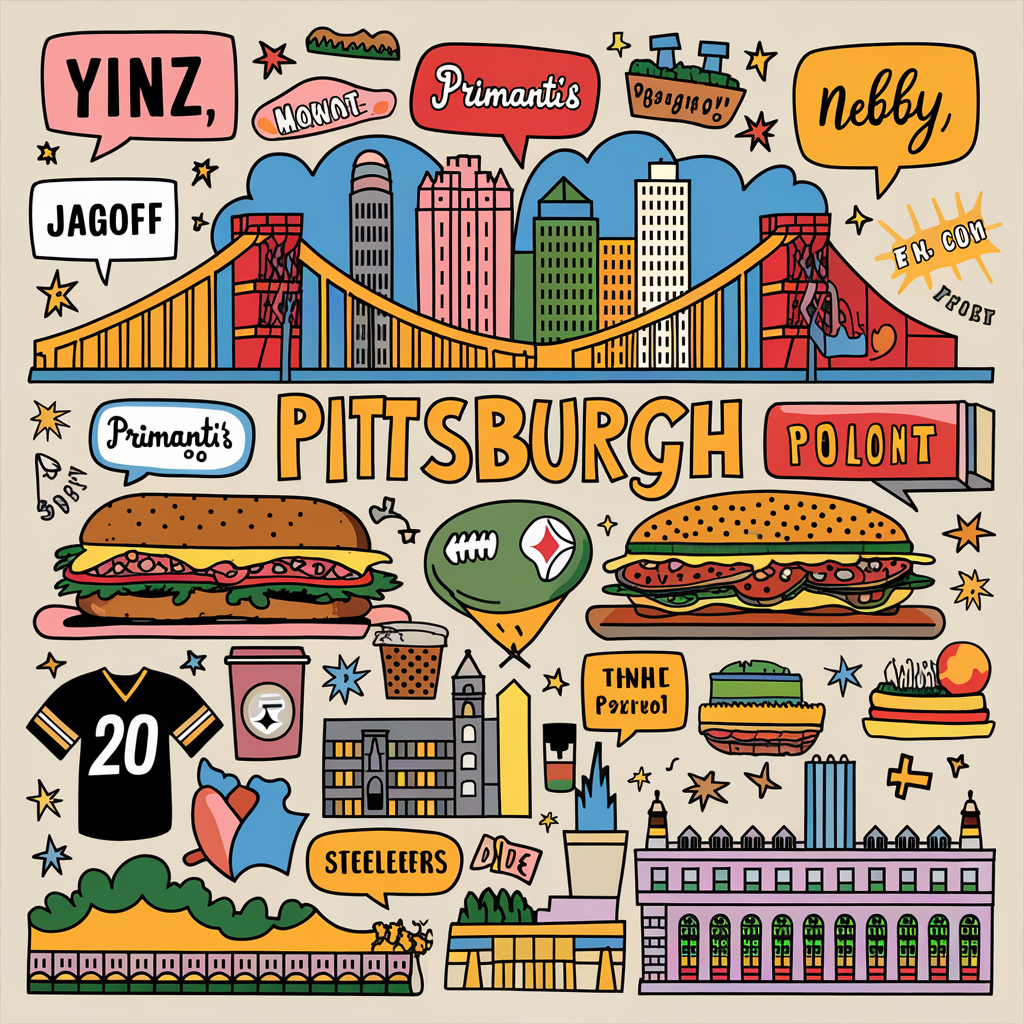 A colorful illustration of classic Pittsburgh scenes and landmarks labeled with Pittsburghese terms. Include bridges, the skyline, a Primanti’s sandwich, a pierogi, a Steelers jersey, the Point fountain, and speech bubbles with words like 