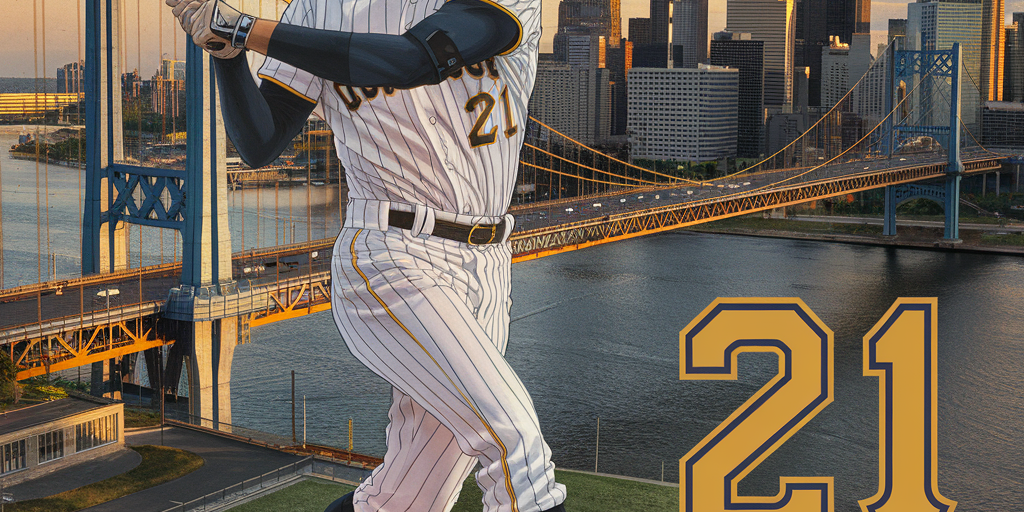 Roberto Clemente An inspirational, vintage-style illustration of Roberto Clemente mid-swing in his Pirates uniform, with the Roberto Clemente Bridge and Pittsburgh skyline in the background. The golden tones of sunset highlight the city and Clemente’s iconic number 21.