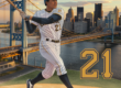 An inspirational, vintage-style illustration of Roberto Clemente mid-swing in his Pirates uniform, with the Roberto Clemente Bridge and Pittsburgh skyline in the background. The golden tones of sunset highlight the city and Clemente’s iconic number 21.