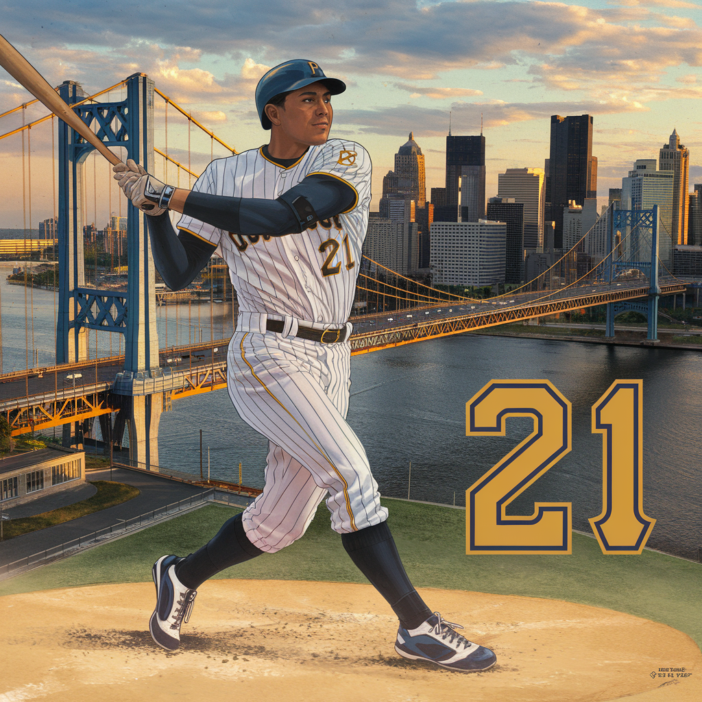 An inspirational, vintage-style illustration of Roberto Clemente mid-swing in his Pirates uniform, with the Roberto Clemente Bridge and Pittsburgh skyline in the background. The golden tones of sunset highlight the city and Clemente’s iconic number 21.