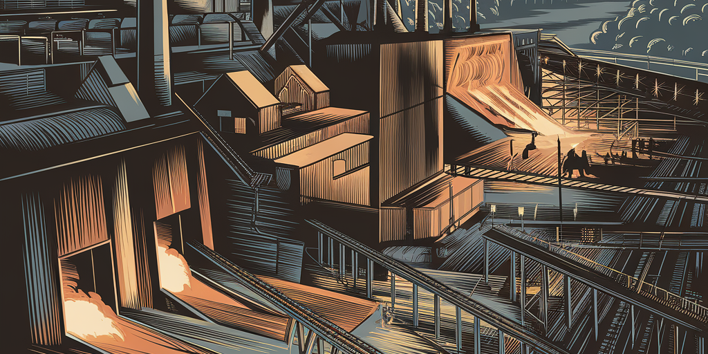 A gritty, detailed illustration of Pittsburgh’s steel mills at their peak — blast furnaces glowing, open-hearth operations underway, and smokestacks pouring into the sky. Include workers laboring near molten steel, rail lines hauling materials, and the Monongahela River in the background. Dark industrial tones with fiery highlights.