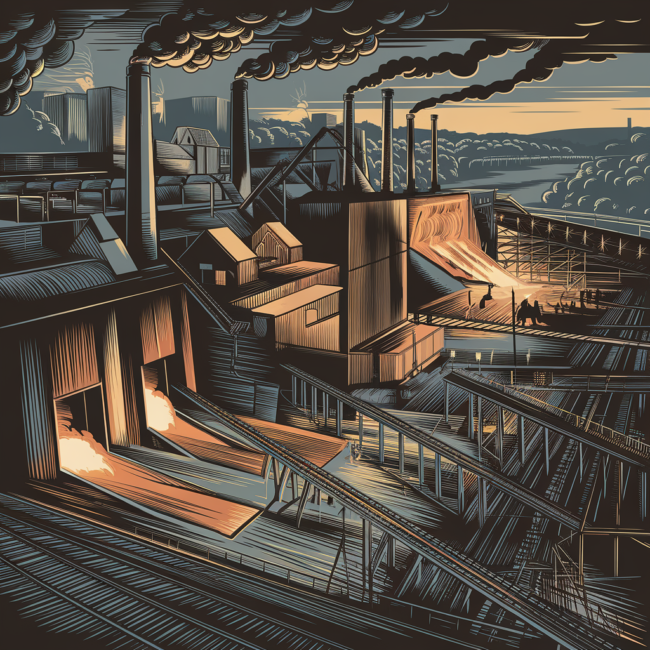 A gritty, detailed illustration of Pittsburgh’s steel mills at their peak — blast furnaces glowing, open-hearth operations underway, and smokestacks pouring into the sky. Include workers laboring near molten steel, rail lines hauling materials, and the Monongahela River in the background. Dark industrial tones with fiery highlights.