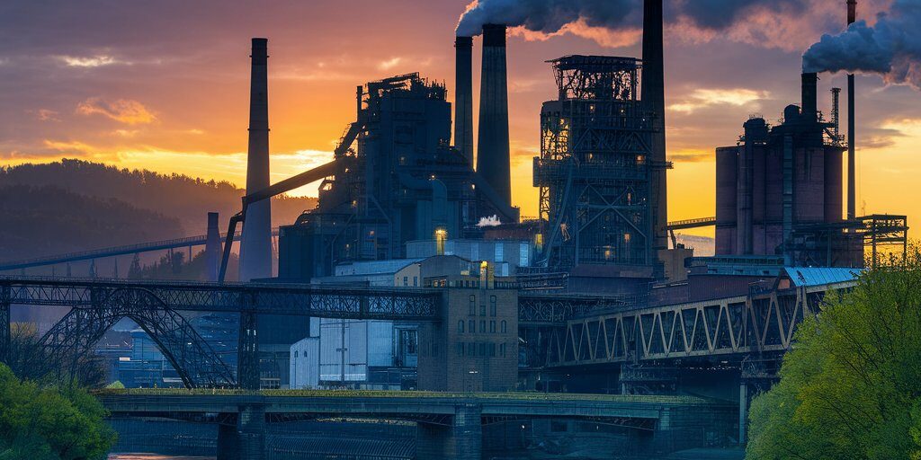 A dramatic, sunset-lit illustration of the Monongahela River with towering steel mills, smoke stacks, and bridges — the ghostly figures of steelworkers visible amid the haze.