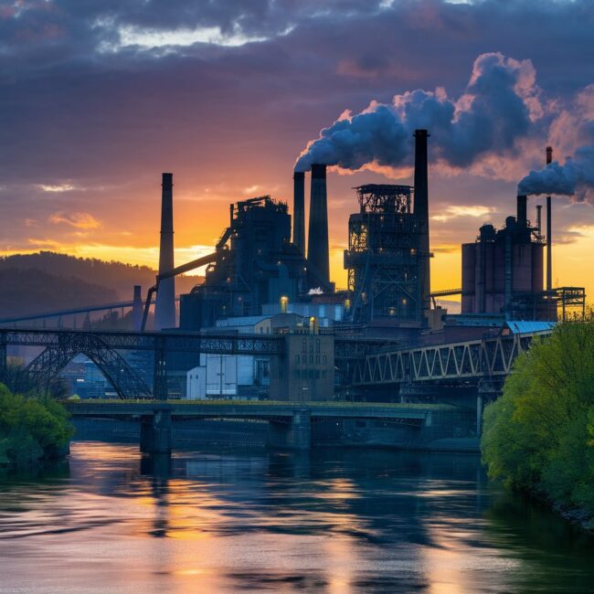 A dramatic, sunset-lit illustration of the Monongahela River with towering steel mills, smoke stacks, and bridges — the ghostly figures of steelworkers visible amid the haze.