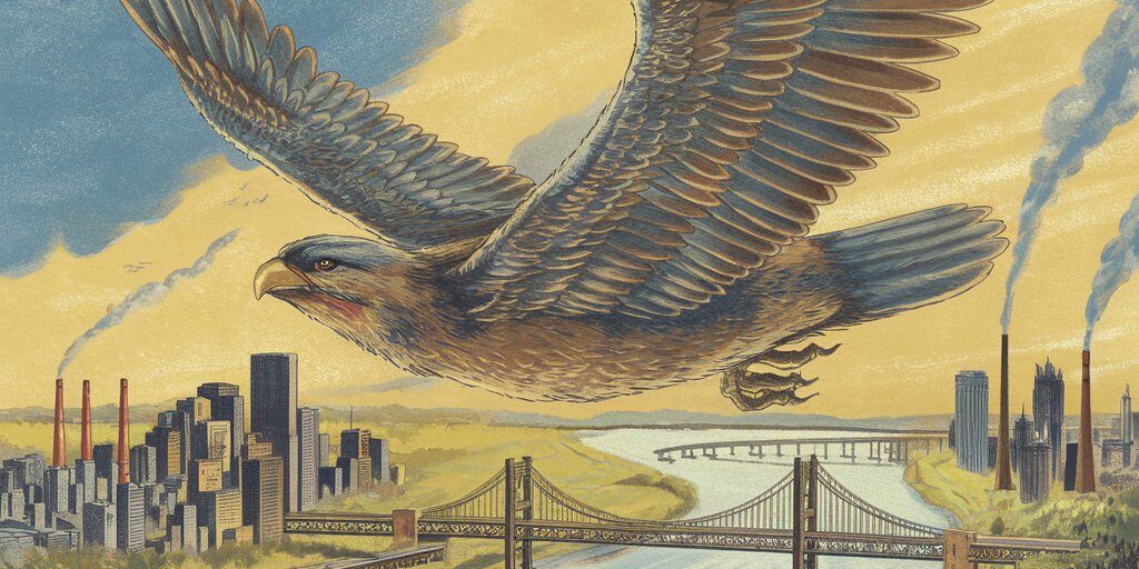 A dramatic, vintage newspaper-style illustration of a massive Thunderbird soaring over the Monongahela River valley, with stunned Pittsburghers watching from below — bridges, smokestacks, and a golden sky in the background.