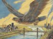 A dramatic, vintage newspaper-style illustration of a massive Thunderbird soaring over the Monongahela River valley, with stunned Pittsburghers watching from below — bridges, smokestacks, and a golden sky in the background.