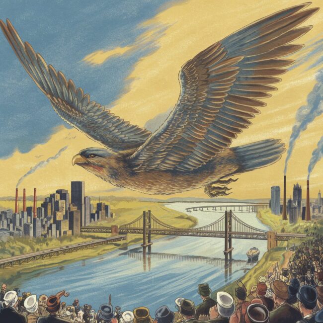 Thunderbird A dramatic, vintage newspaper-style illustration of a massive Thunderbird soaring over the Monongahela River valley, with stunned Pittsburghers watching from below — bridges, smokestacks, and a golden sky in the background.