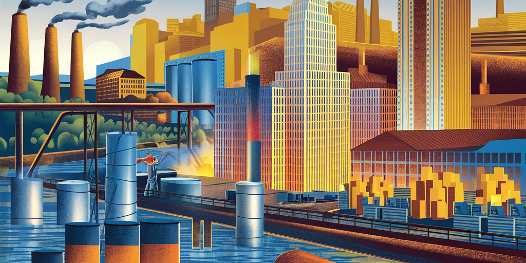 A vibrant illustration of early 20th-century Pittsburgh showing Alcoa factories along the rivers, aluminum ingots being shipped, workers pouring molten aluminum, and the shimmering Alcoa Building downtown. Include smokestacks and a bright metallic glow.