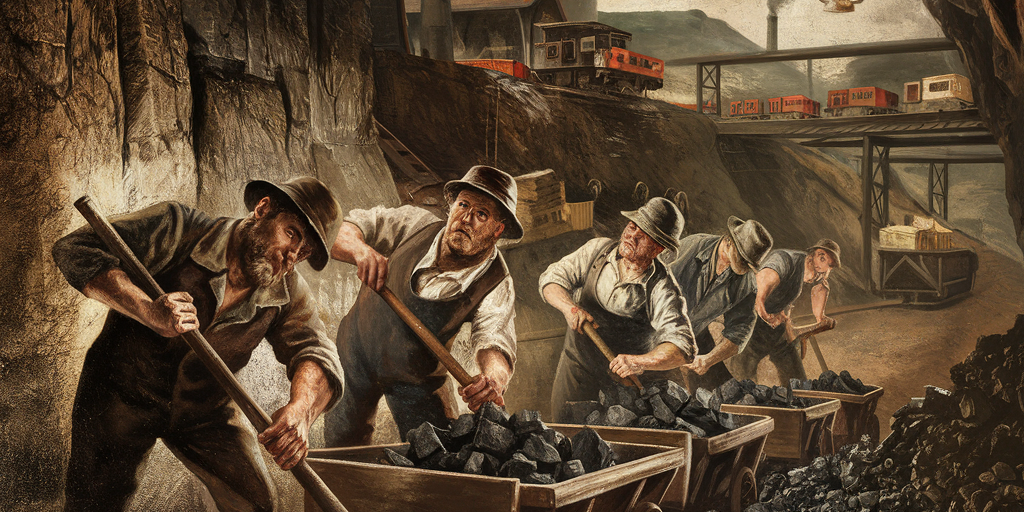 coal mine A dramatic historical painting of Pittsburgh coal miners working in a 19th-century mine shaft with flickering lanterns, coal carts, and rugged faces covered in soot. Above ground, show coal tipples, smokestacks, and trains hauling coal. Dark tones with shafts of light and dust.