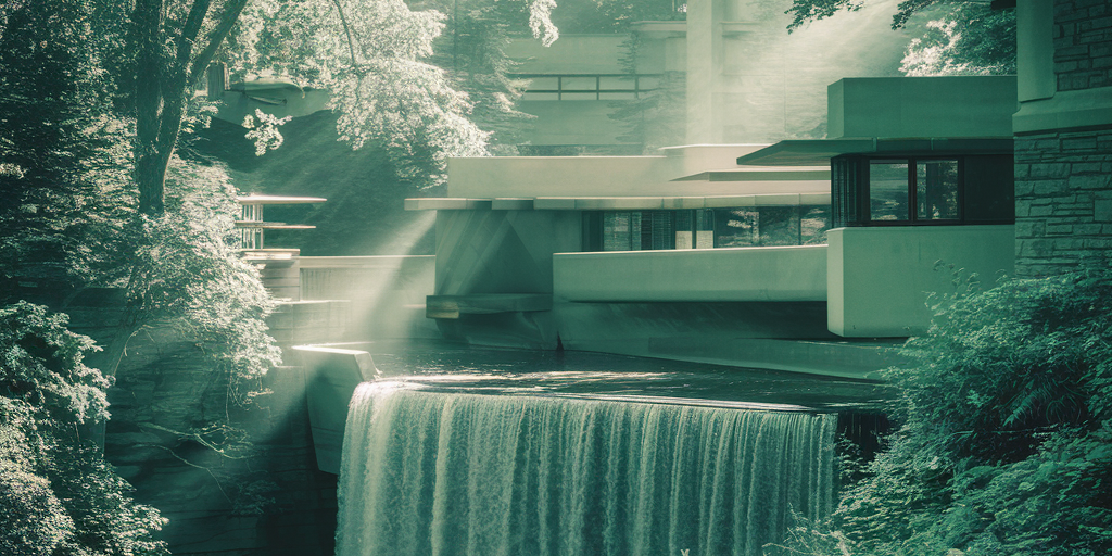A stunning, photorealistic view of Fallingwater, the iconic house designed by Frank Lloyd Wright, set in the lush green forests of Pennsylvania. The house is built directly over a cascading waterfall, with cantilevered concrete terraces extending over the rushing water. Sunlight filters through the dense trees, casting soft shadows on the stone walls and glass windows. The architectural details, including the use of local sandstone and horizontal lines blending with nature, are prominently featured. The atmosphere is serene, with mist rising from the waterfall, creating a dreamy, almost ethereal effect. The image should have a cinematic, high-definition quality, emphasizing the harmony between architecture and nature.