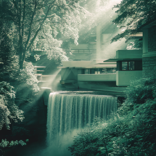 A stunning, photorealistic view of Fallingwater, the iconic house designed by Frank Lloyd Wright, set in the lush green forests of Pennsylvania. The house is built directly over a cascading waterfall, with cantilevered concrete terraces extending over the rushing water. Sunlight filters through the dense trees, casting soft shadows on the stone walls and glass windows. The architectural details, including the use of local sandstone and horizontal lines blending with nature, are prominently featured. The atmosphere is serene, with mist rising from the waterfall, creating a dreamy, almost ethereal effect. The image should have a cinematic, high-definition quality, emphasizing the harmony between architecture and nature.