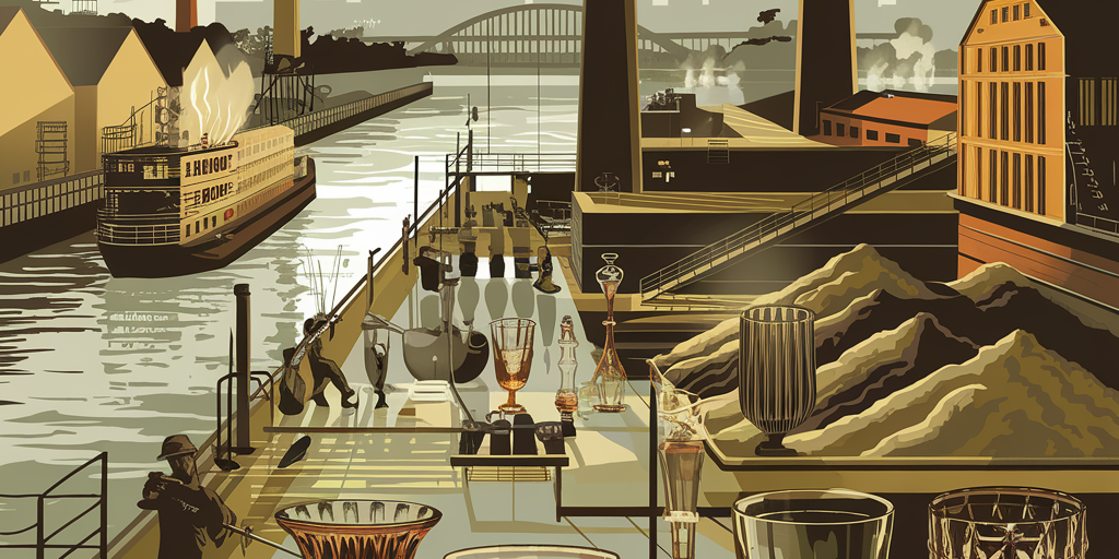 A rich, vintage illustration of Pittsburgh’s 19th-century glass factories along the rivers, with smokestacks, workers blowing glass, piles of sand, and finished glassware glistening in the sun. Include riverboats and the growing skyline. Warm golden tones with glass reflections.