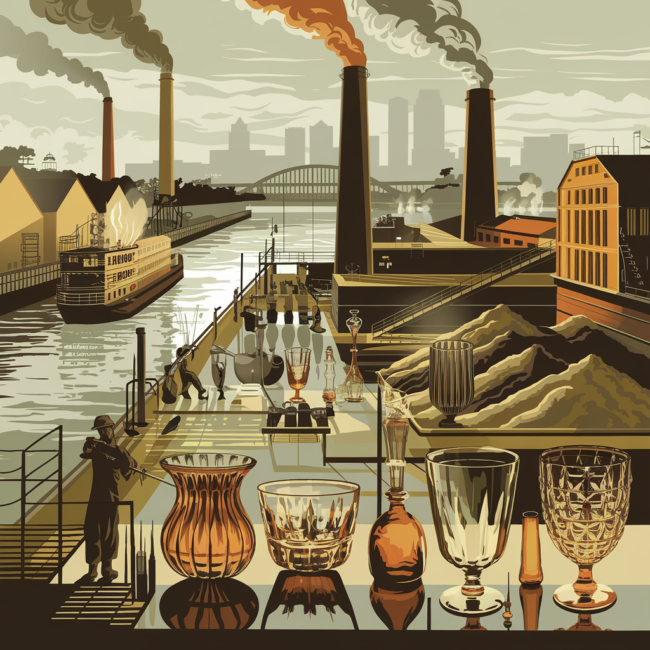 A rich, vintage illustration of Pittsburgh’s 19th-century glass factories along the rivers, with smokestacks, workers blowing glass, piles of sand, and finished glassware glistening in the sun. Include riverboats and the growing skyline. Warm golden tones with glass reflections.