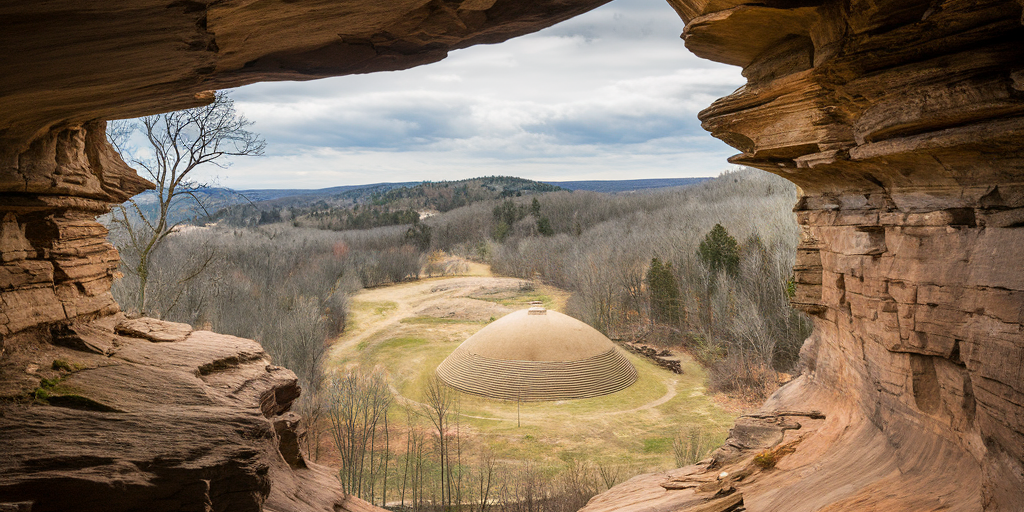 A historical depiction of Meadowcroft Rockshelter, an ancient sandstone overhang in Pennsylvania, surrounded by dense forest.