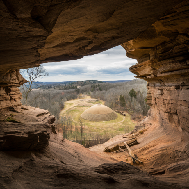 meadowcroft-rockshelter A historical depiction of Meadowcroft Rockshelter, an ancient sandstone overhang in Pennsylvania, surrounded by dense forest.