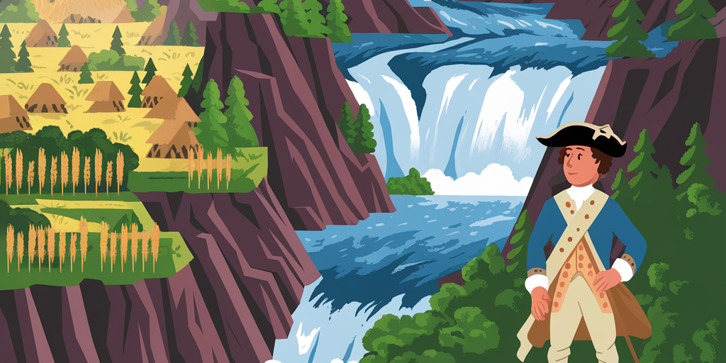 ohiopyle-history Panoramic view of Ohiopyle history: George Washington at Ohiopyle Falls, Native village, lumber mill, and modern kayakers.