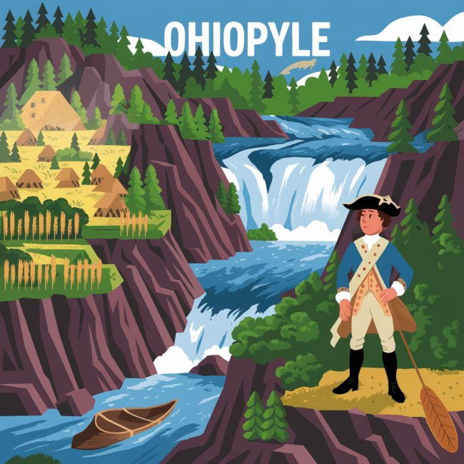 Panoramic view of Ohiopyle history: George Washington at Ohiopyle Falls, Native village, lumber mill, and modern kayakers.