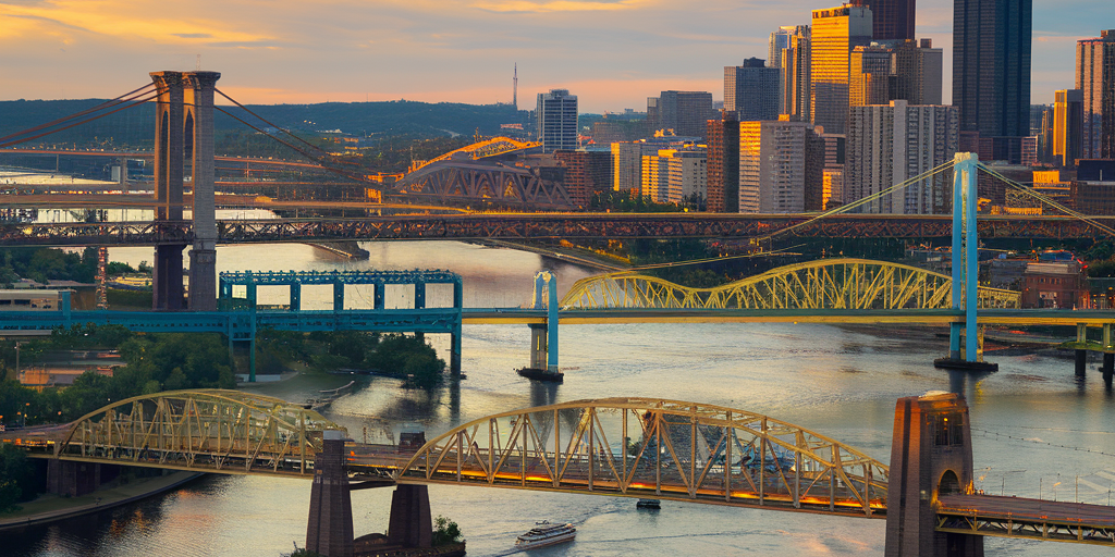 A sweeping, golden-hour illustration showing multiple iconic Pittsburgh bridges — Roberto Clemente, Smithfield Street, and Fort Pitt — spanning the rivers with the skyline rising in the distance.