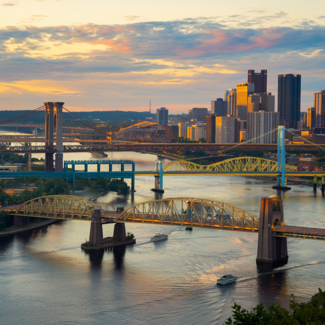 A sweeping, golden-hour illustration showing multiple iconic Pittsburgh bridges — Roberto Clemente, Smithfield Street, and Fort Pitt — spanning the rivers with the skyline rising in the distance.