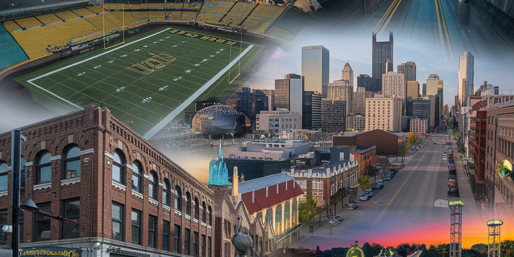 A cinematic collage showcasing Pittsburgh’s most famous movie filming locations. Include Heinz Field during a football game (from The Dark Knight Rises), the Fort Pitt Tunnel skyline view (from The Perks of Being a Wallflower), the historic Strip District streets (from Jack Reacher), and Kennywood Park with its classic rides (from Adventureland). The overall tone is dramatic and vibrant, capturing the blend of Pittsburgh’s industrial charm and its Hollywood appeal. Bright sky, rich colors, and a polished, movie-poster aesthetic.
